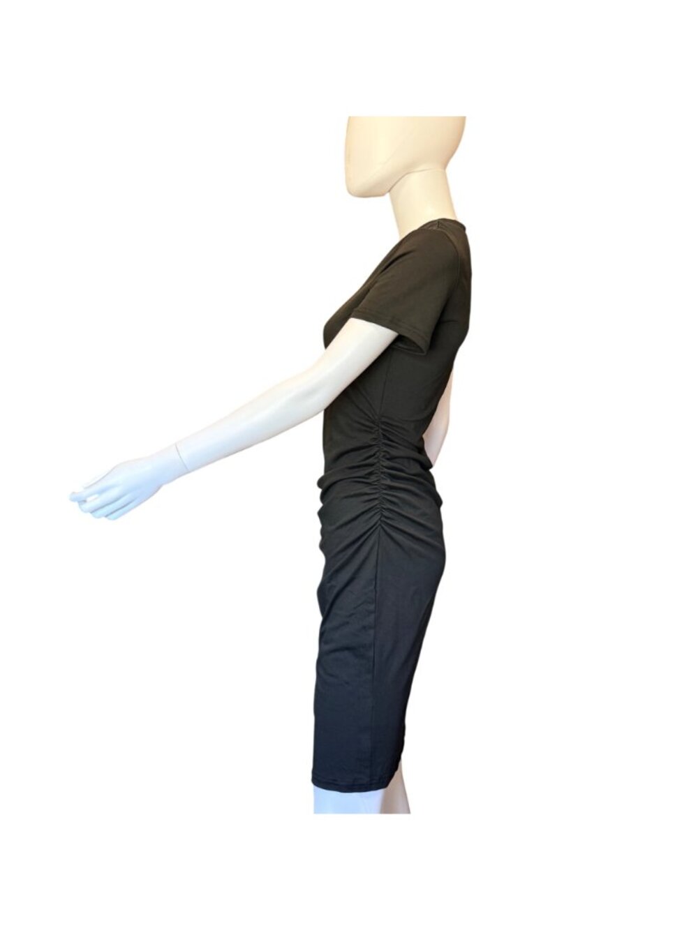 Black Short Sleeve Bodycon Dress Womens L Ruched Stretch Knee Length Polyester - Picture 3 of 8